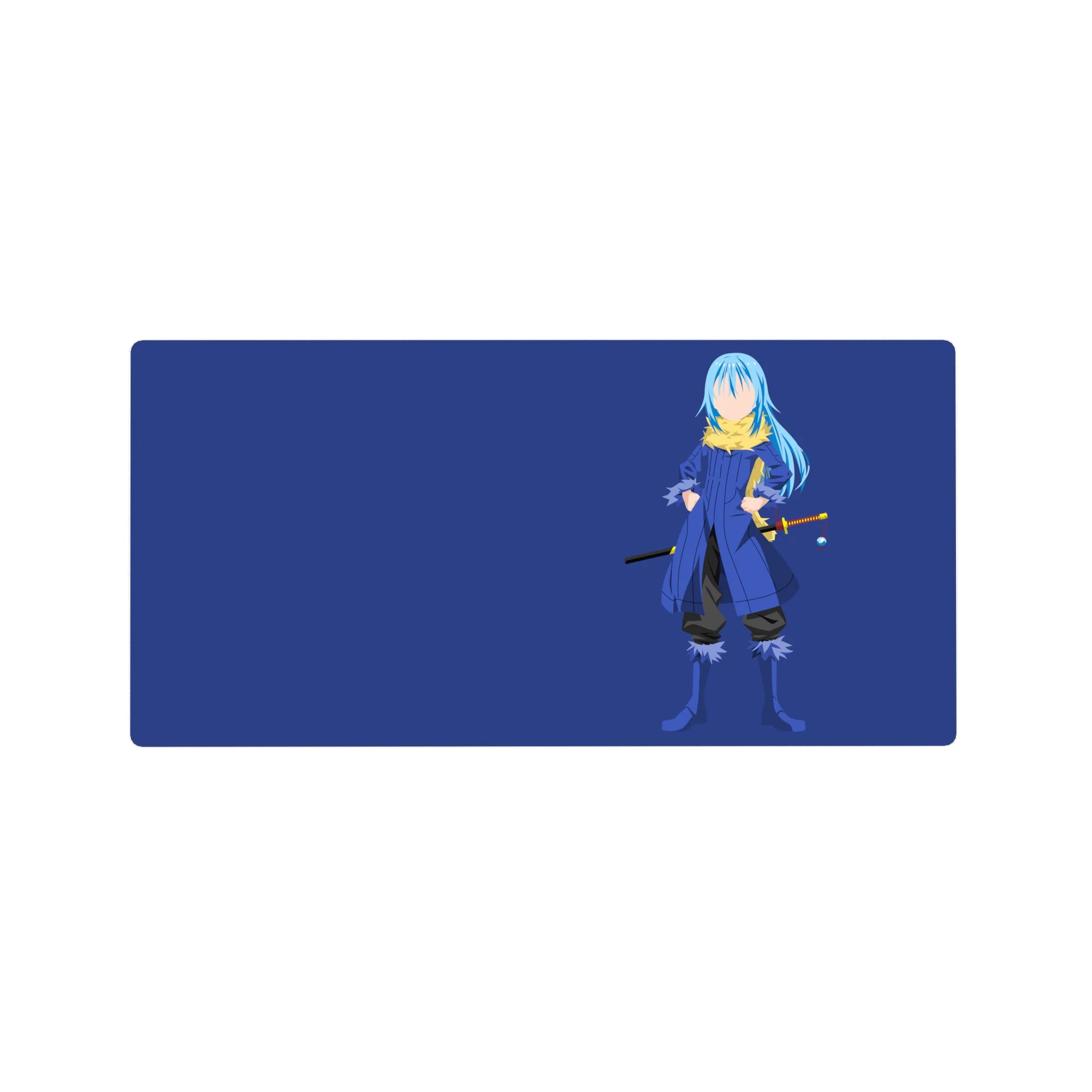 Anime mouse pad 32x16 inches with minimalist blue-haired swordsman on deep navy, katana and charm.