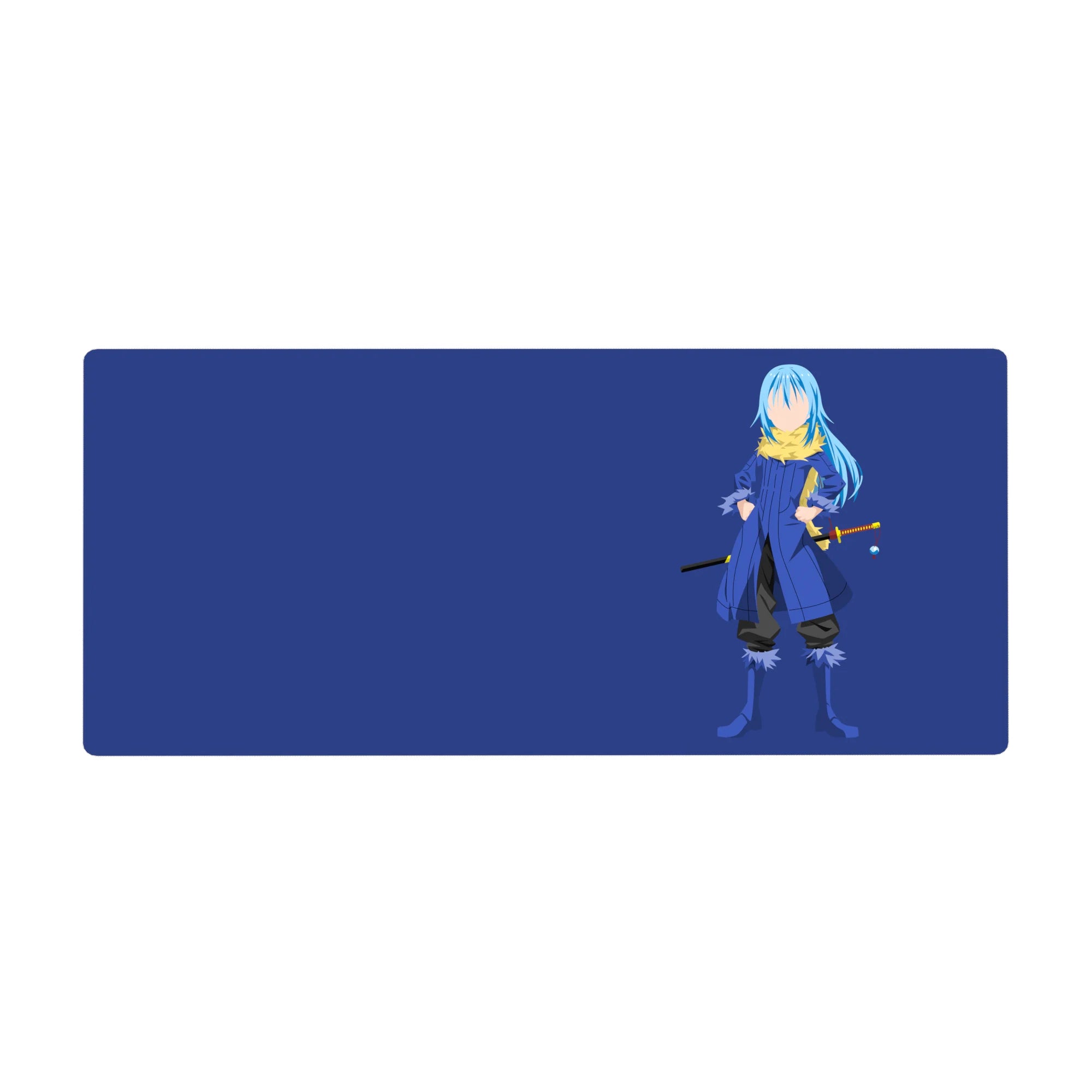 36x16 inches anime desk pad with minimalist navy background and blue-haired swordsman, katana and charm.