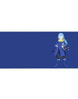 36x16 inches anime desk pad with minimalist navy background and blue-haired swordsman, katana and charm.
