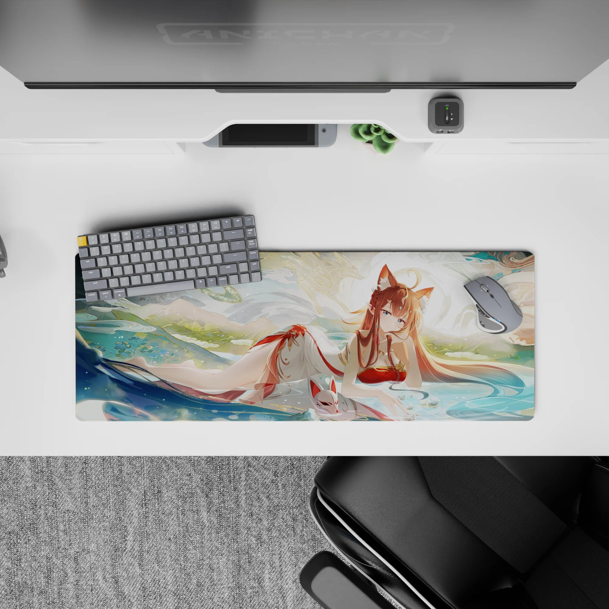 32x12 inches dreamy teal-and-cream desk mat with sunlit ripples, red accents, and shimmering gold details.