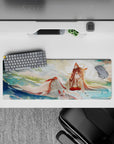32x12 inches dreamy teal-and-cream desk mat with sunlit ripples, red accents, and shimmering gold details.
