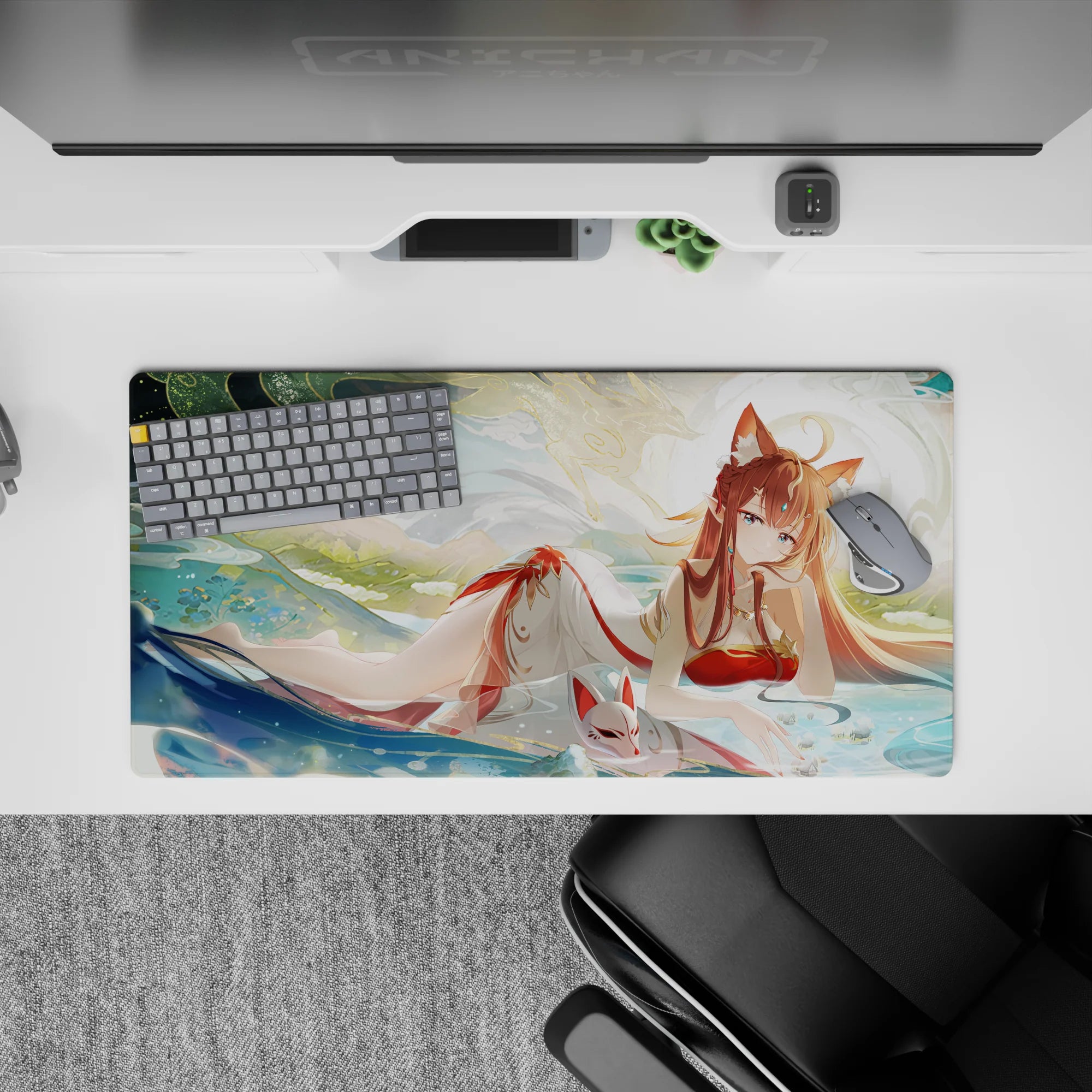 Dreamy anime desk mouse pad 32x16 inches in cream, teal, and gold swirls with soft summer sunlight.
