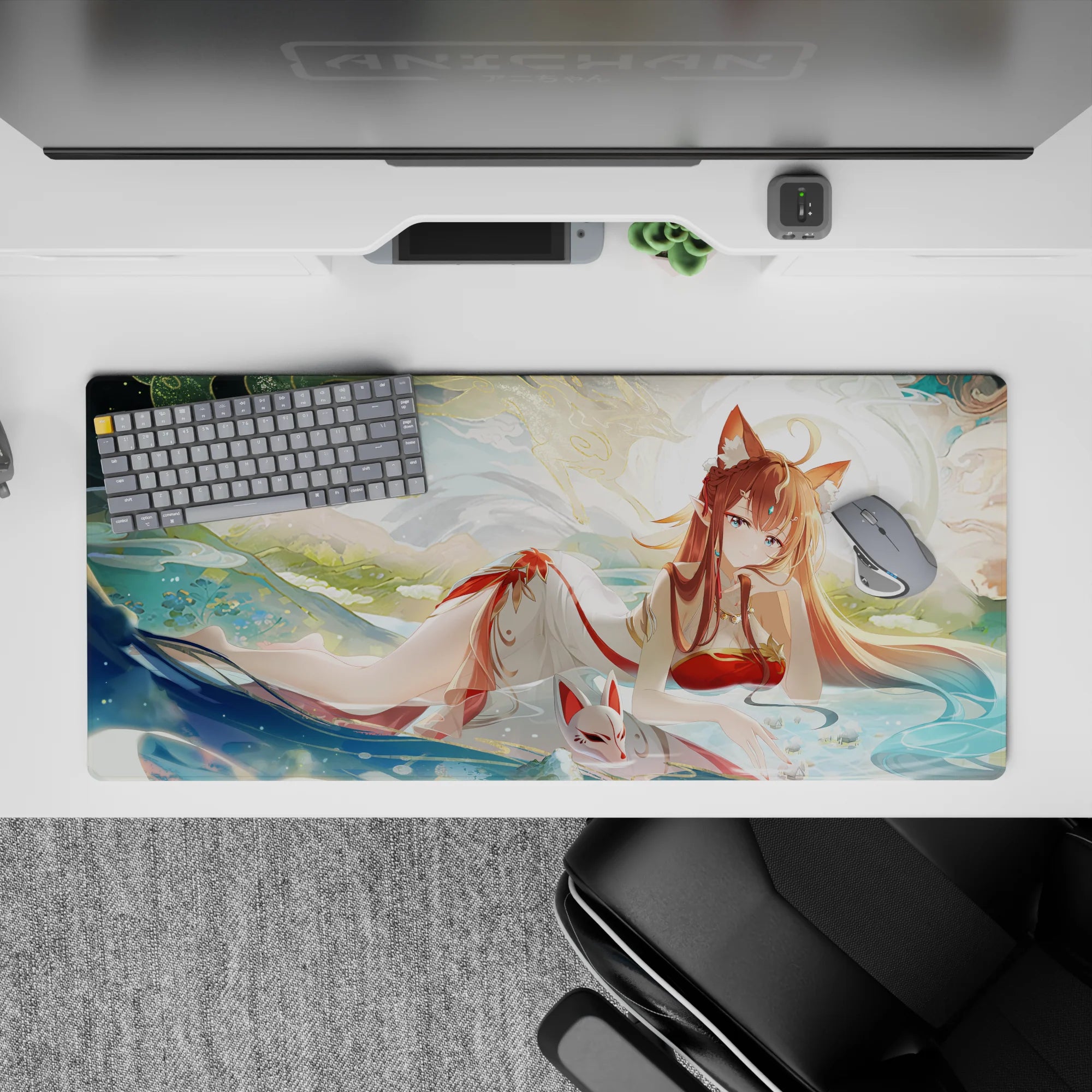 36x16 inches anime desk pad in teal, cream, and gold with dreamy summer sunlight and soft ripples.