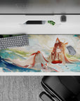 36x16 inches anime desk pad in teal, cream, and gold with dreamy summer sunlight and soft ripples.