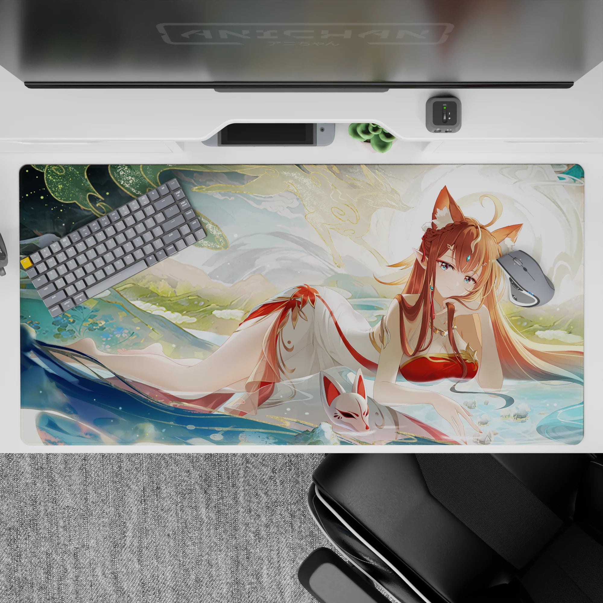 Dreamy 40x20 inches anime desk pad in cream, teal, and gold with soft sunlight and misty summer vibes.