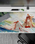 Dreamy 40x20 inches anime desk pad in cream, teal, and gold with soft sunlight and misty summer vibes.