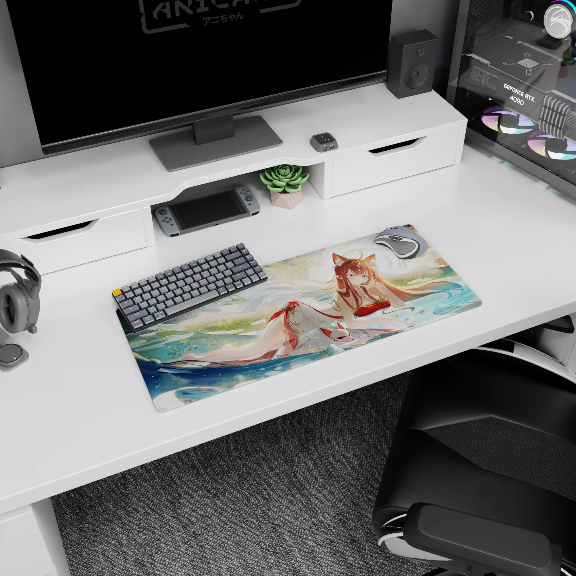 28x12 inches mouse pad showing a kitsune shrine maiden lounging in water beside a floating fox mask.