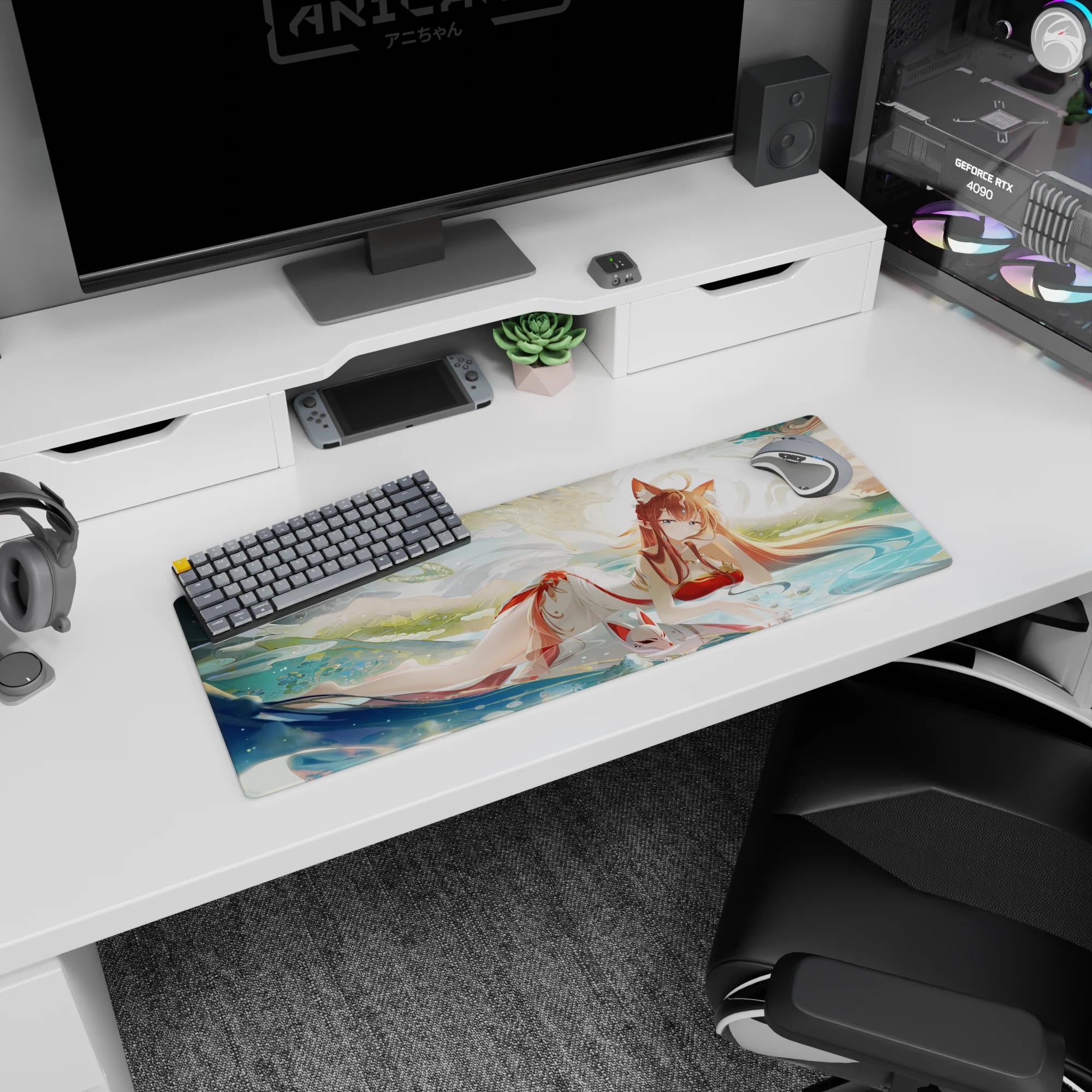 32x12 inches mouse pad showing a long-haired kitsune shrine maiden lounging in water with a floating mask.