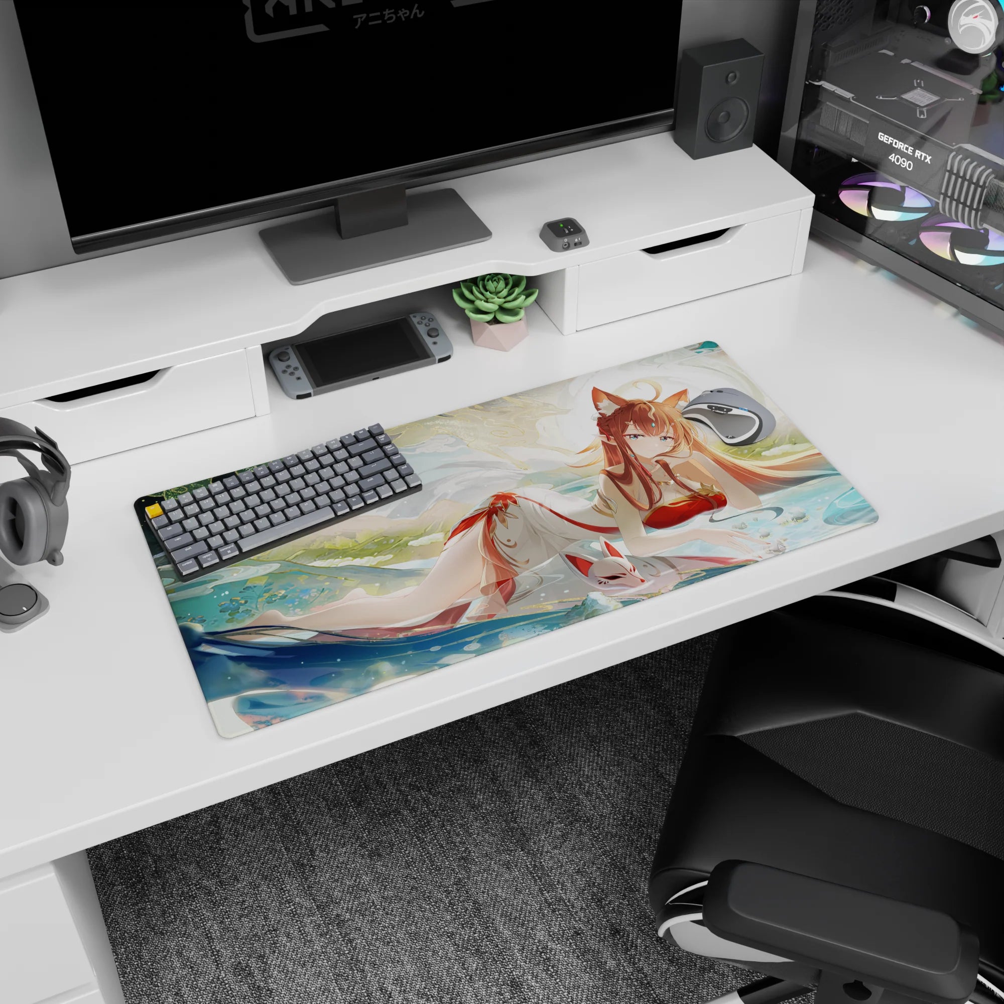 32x16 inches anime girl mouse pad showing a fox-eared miko lounging in rippling water with a floating mask.