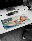32x16 inches anime girl mouse pad showing a fox-eared miko lounging in rippling water with a floating mask.