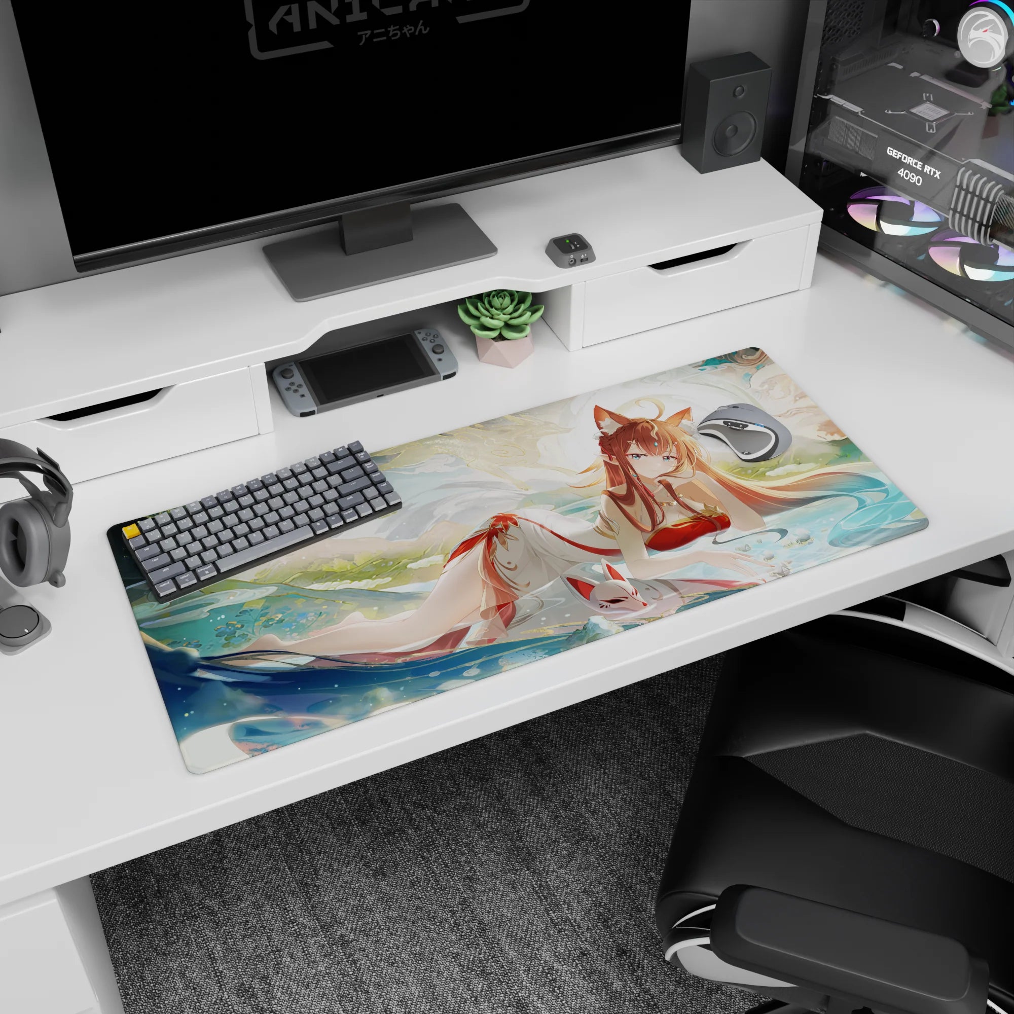 36x16 inches desk pad showing a red-accented fox shrine maiden lounging in shimmering water and clouds.