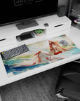 36x16 inches desk pad showing a red-accented fox shrine maiden lounging in shimmering water and clouds.