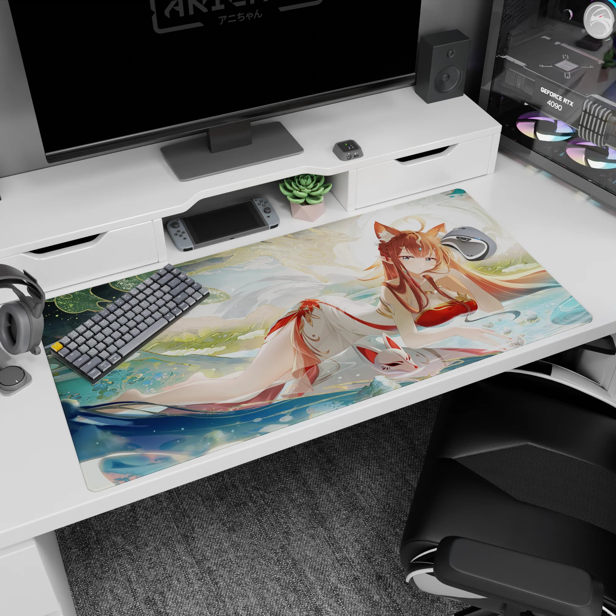 40x20 inches anime desk pad showing a fox-eared shrine maiden lounging in misty water with a floating mask.