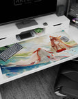 40x20 inches anime desk pad showing a fox-eared shrine maiden lounging in misty water with a floating mask.