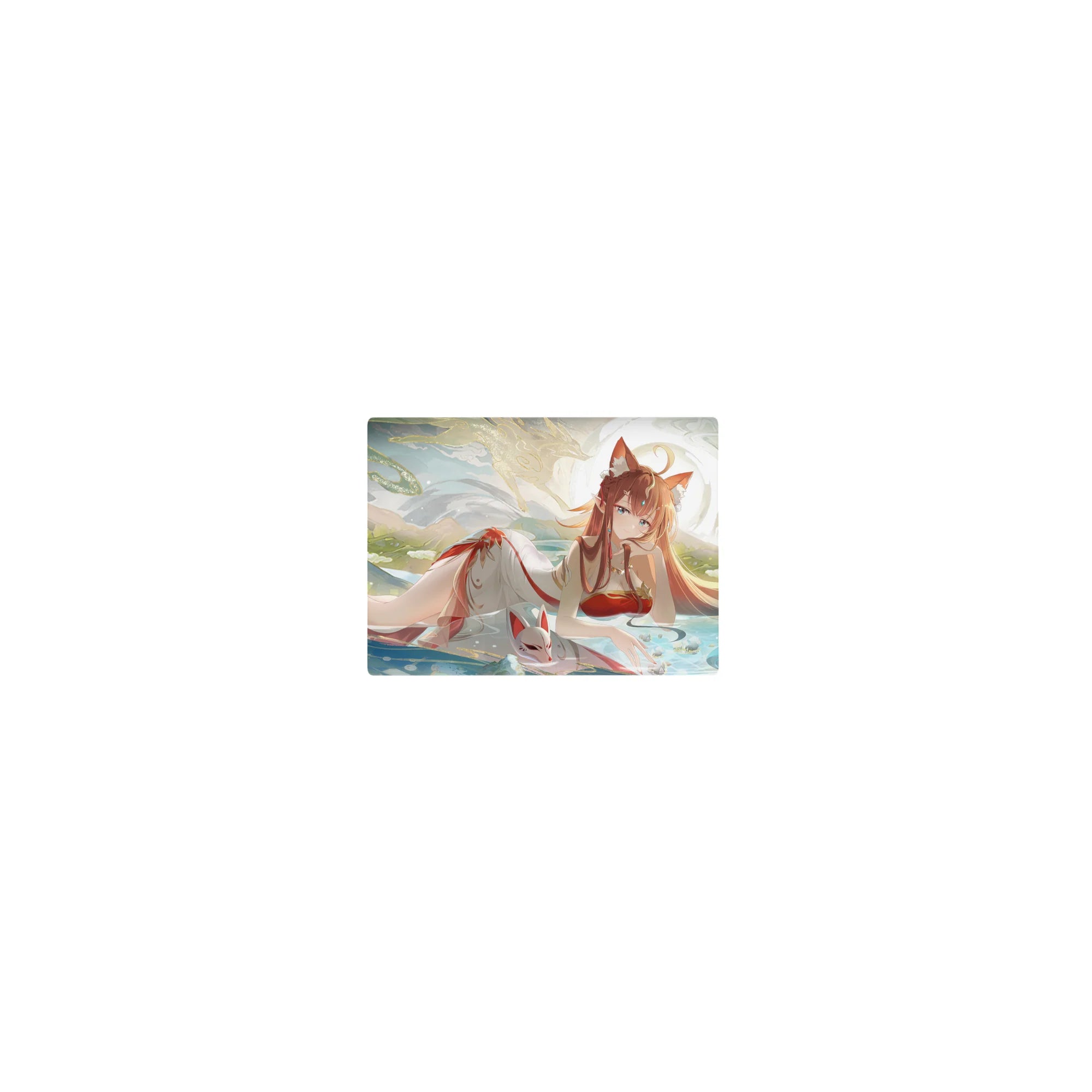 Classic anime girl mouse pad 14x10 inches with fox-eared shrine maiden, clouds, teal water, and gold swirls.