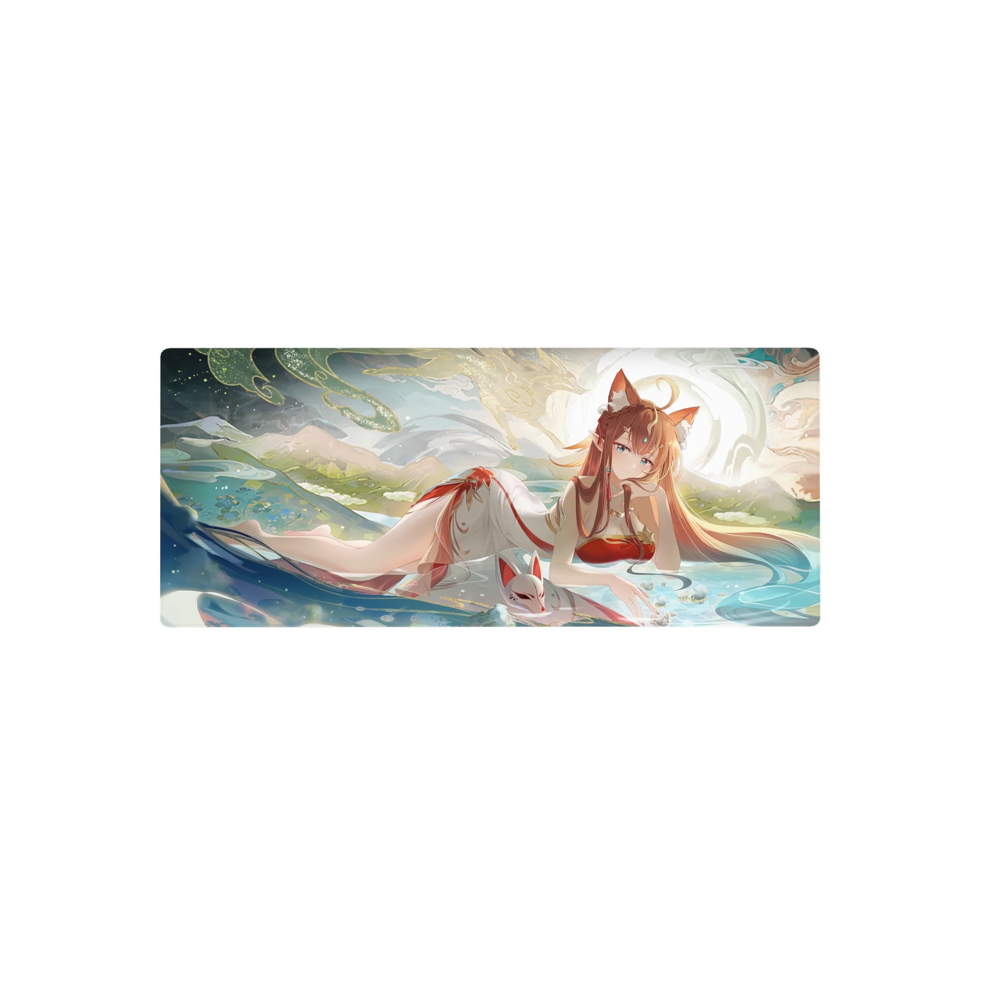 28x12 inches anime girl mouse pad with fox-eared shrine maiden, misty water, clouds, and gold swirls.