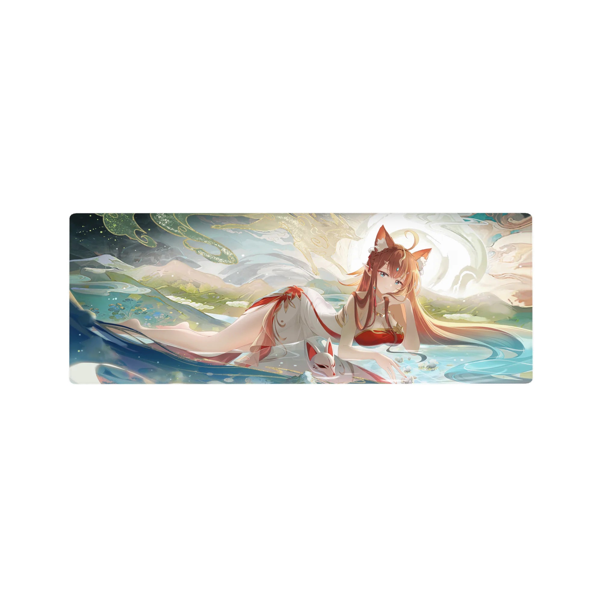 32x12 inches anime girl mouse pad with fox-eared shrine maiden, misty water, clouds, and gold swirls.