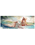 32x12 inches anime girl mouse pad with fox-eared shrine maiden, misty water, clouds, and gold swirls.