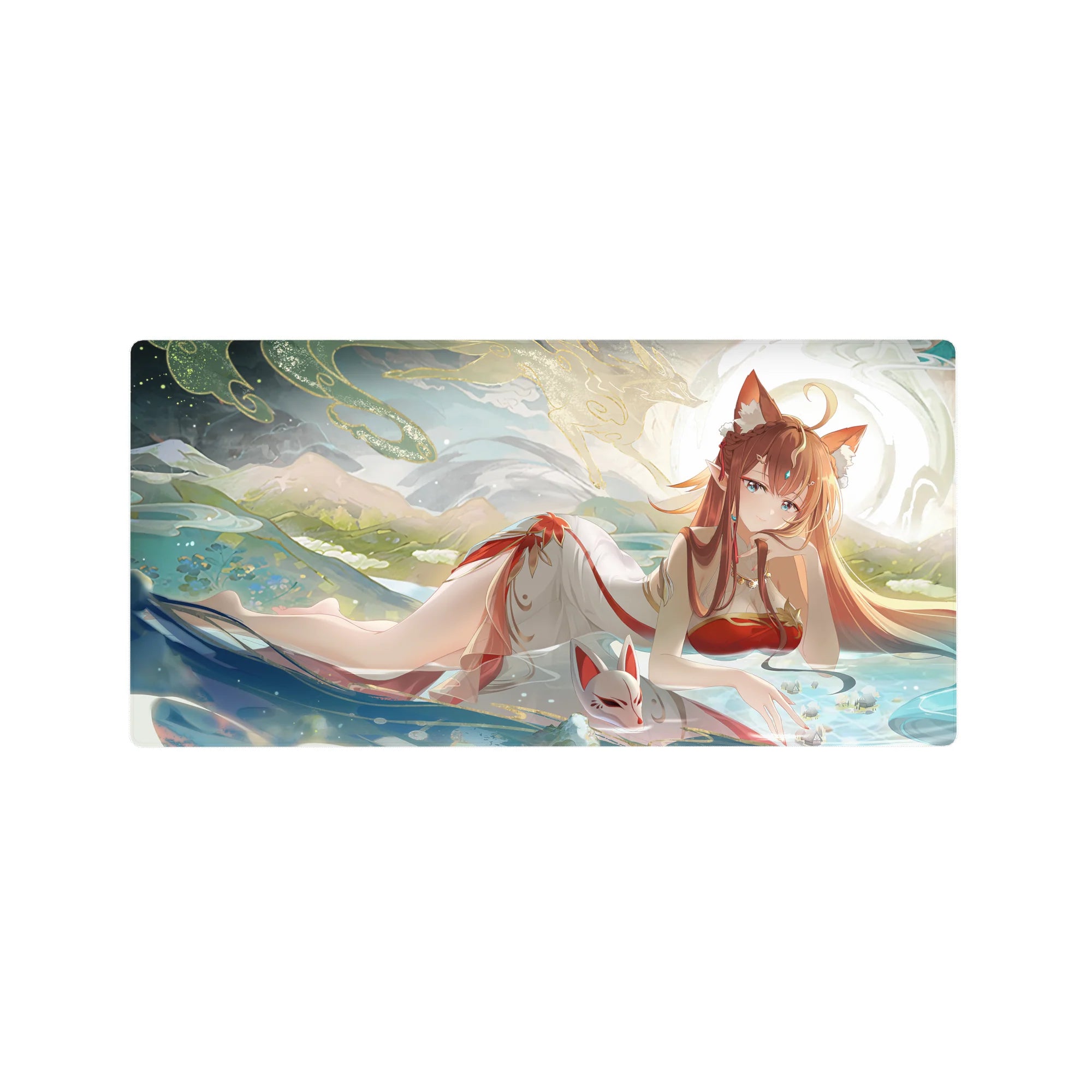 Anime girl mouse pad 32x16 inches with fox-eared shrine maiden, misty water, clouds, and kitsune mask.
