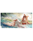 Anime girl mouse pad 32x16 inches with fox-eared shrine maiden, misty water, clouds, and kitsune mask.