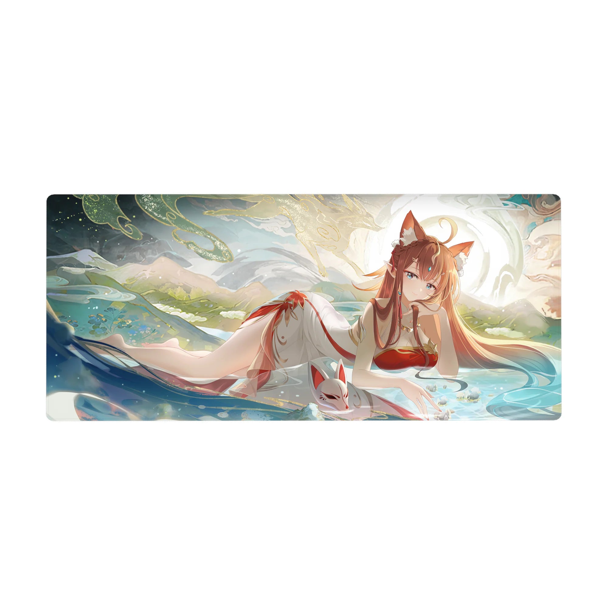 36x16 inches anime girl desk pad with fox-eared shrine maiden in misty water, kitsune mask nearby.
