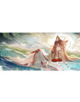 36x16 inches anime girl desk pad with fox-eared shrine maiden in misty water, kitsune mask nearby.