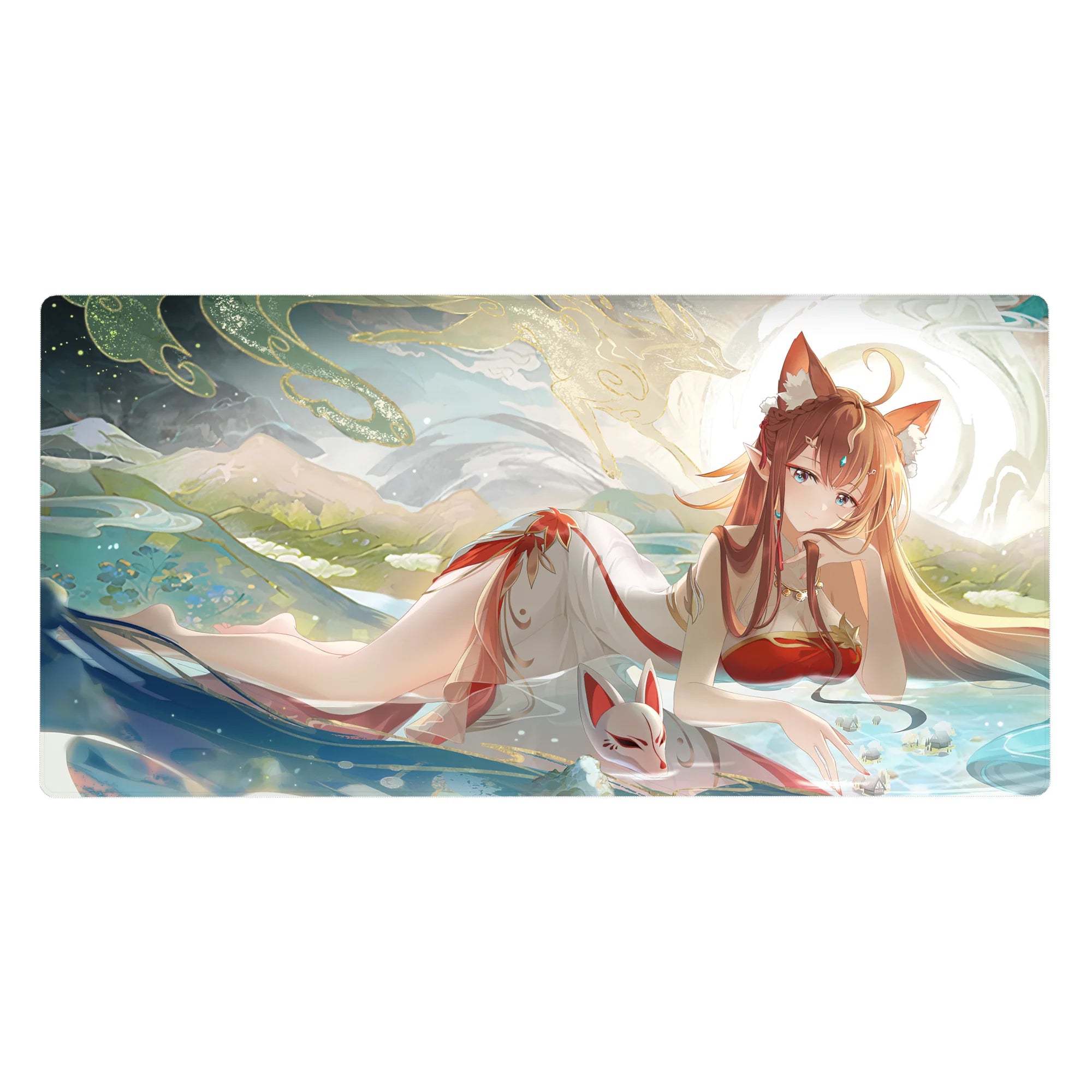 Anime girl desk pad 40x20 inches with fox-eared shrine maiden, clouds, teal water ripples, and kitsune mask.