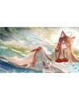 Anime girl desk pad 40x20 inches with fox-eared shrine maiden, clouds, teal water ripples, and kitsune mask.