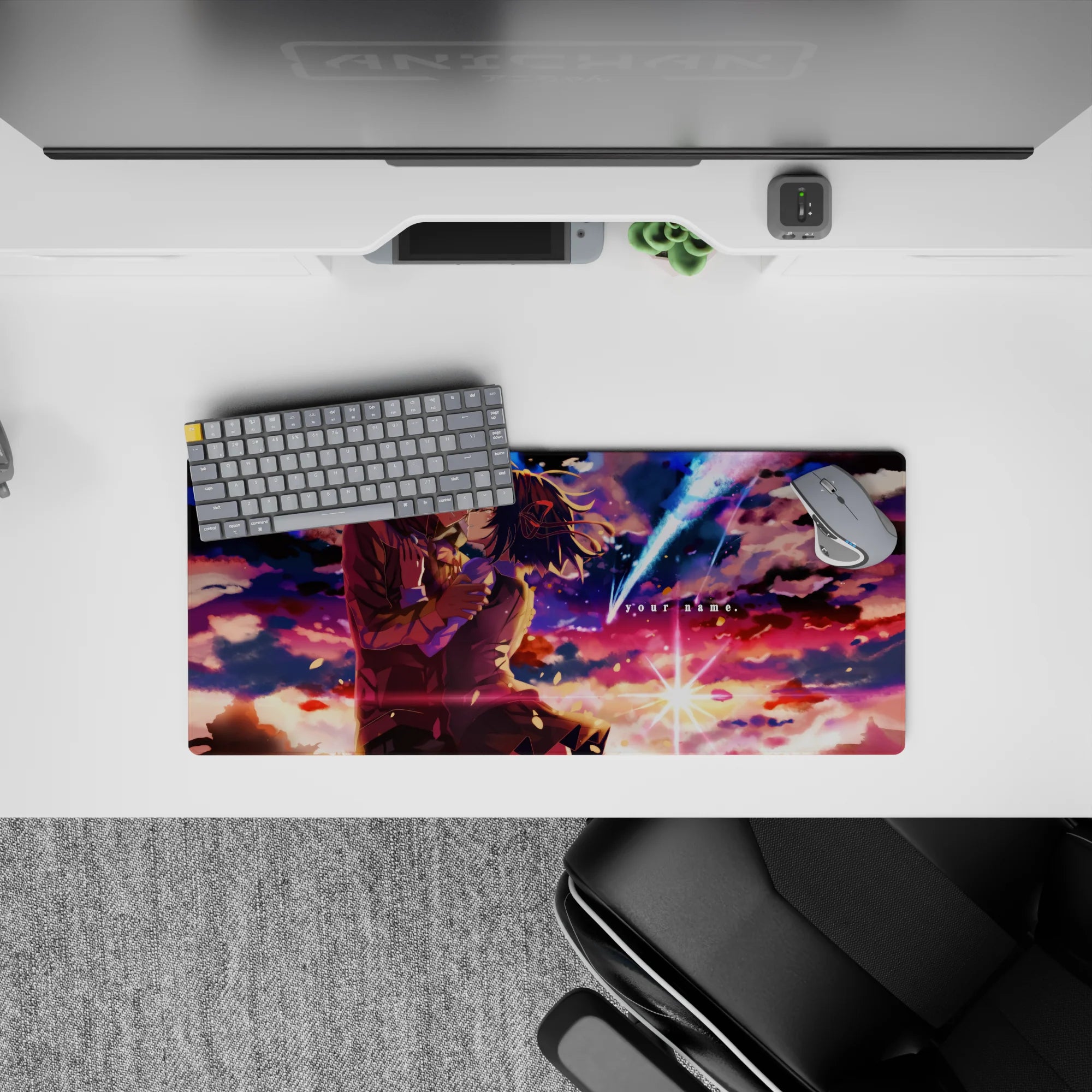 28x12 inches anime mouse pad in violet, coral, and midnight blues with a warm romantic cinematic glow.