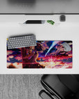 28x12 inches anime mouse pad in violet, coral, and midnight blues with a warm romantic cinematic glow.