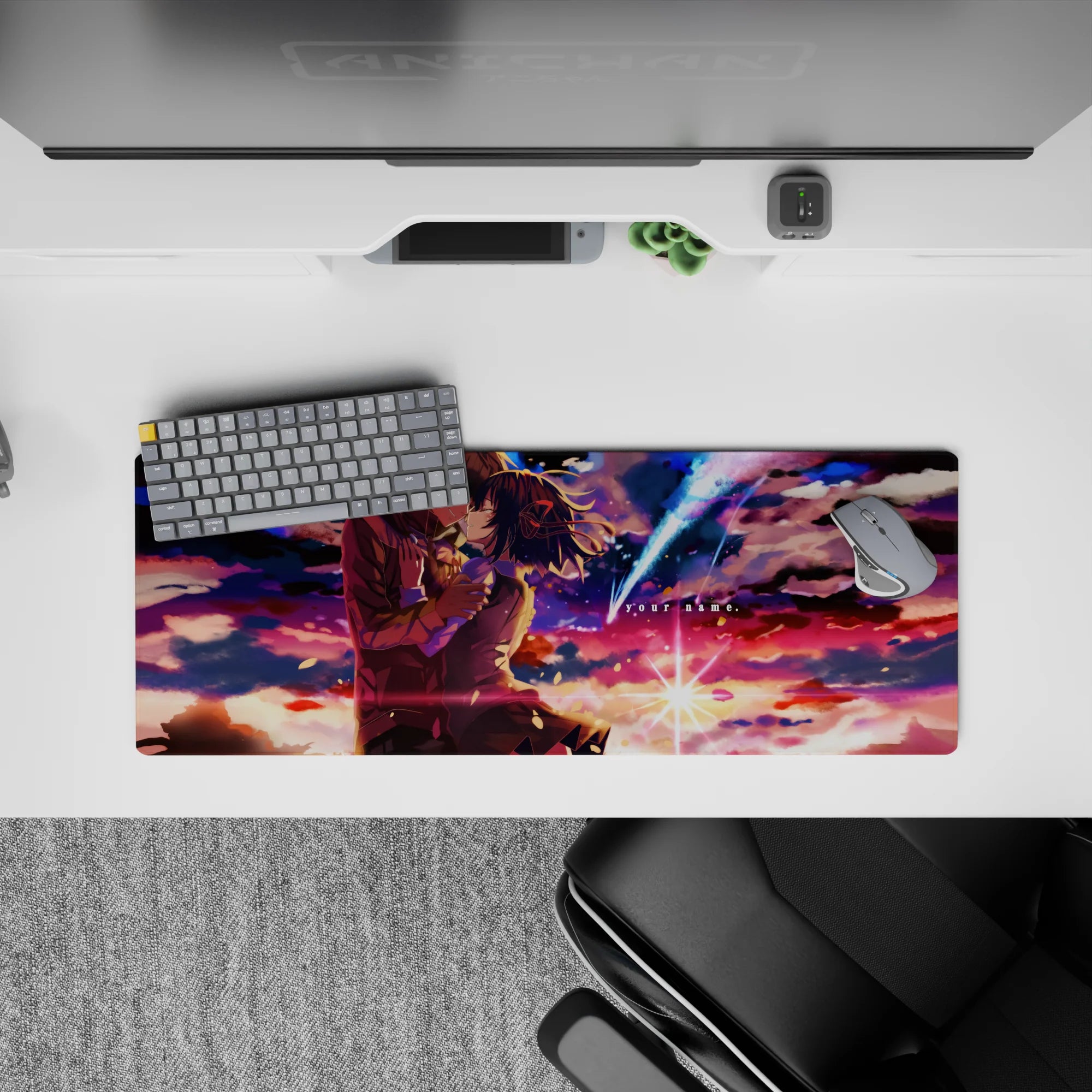 32x12 inches anime mouse pad in violet, coral, and midnight blue with starburst glow, dreamy cinematic vibe.