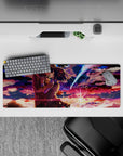 32x12 inches anime mouse pad in violet, coral, and midnight blue with starburst glow, dreamy cinematic vibe.