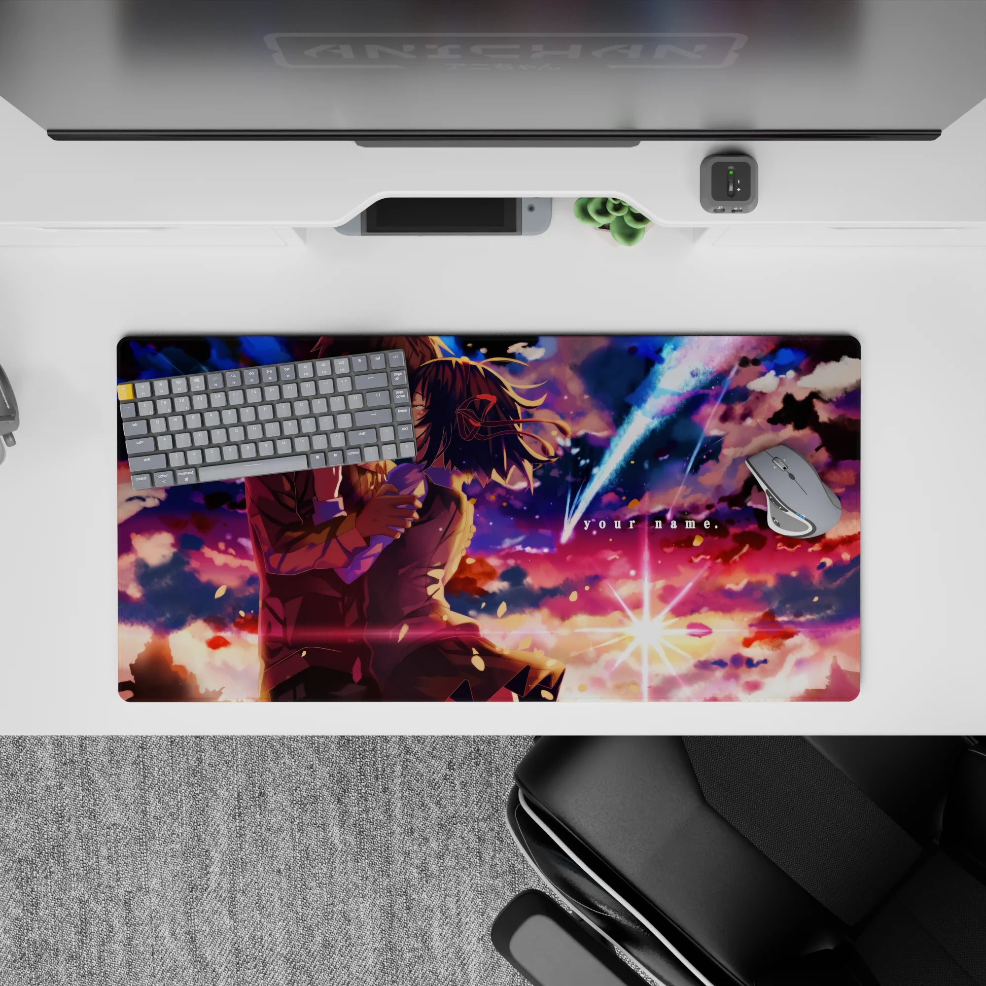 32x16 inches anime mouse pad in violet, coral, and midnight blues with dreamy romantic starburst glow.