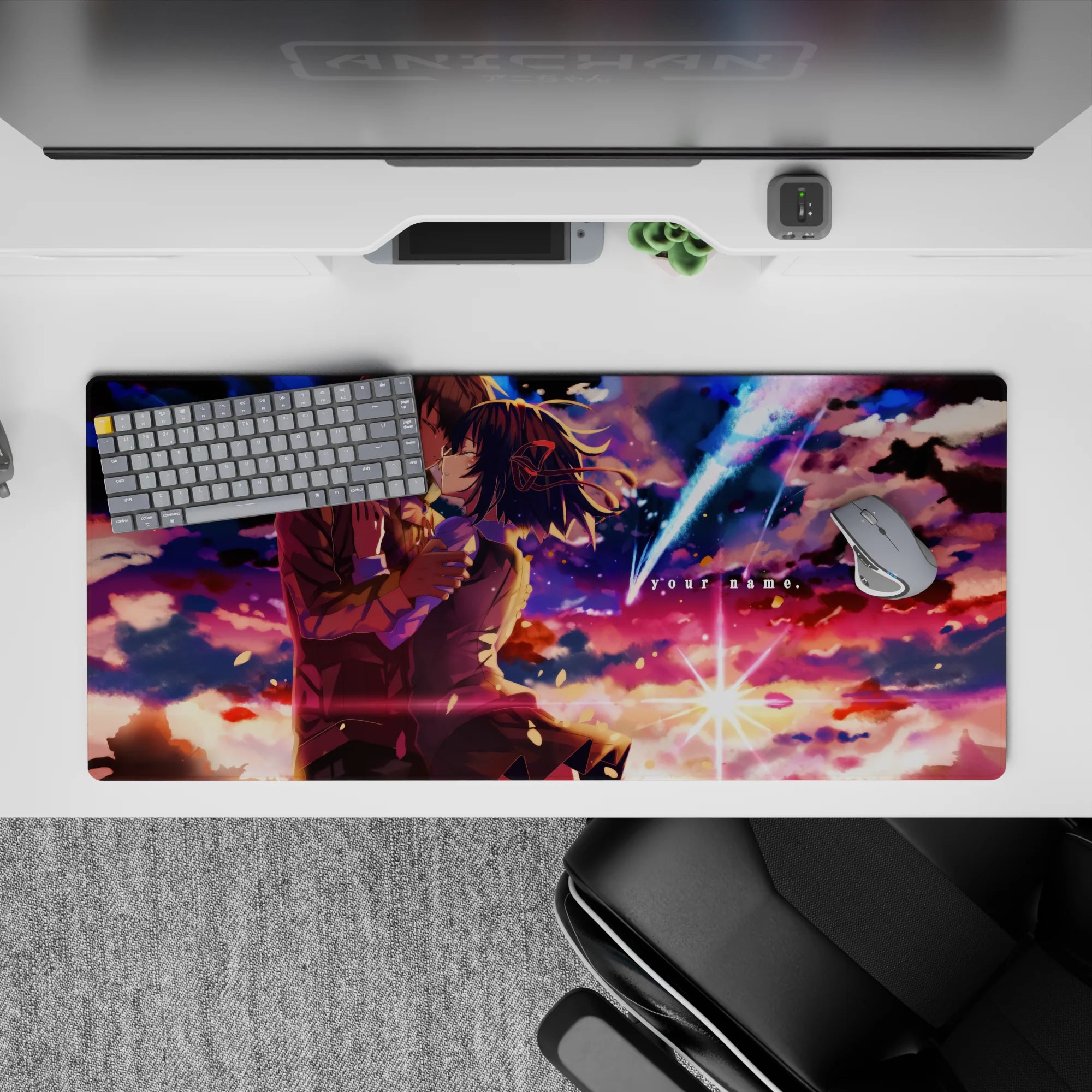 36x16 inches anime desk pad in violet, coral, and midnight blues for a dreamy cinematic desk vibe.