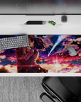 36x16 inches anime desk pad in violet, coral, and midnight blues for a dreamy cinematic desk vibe.