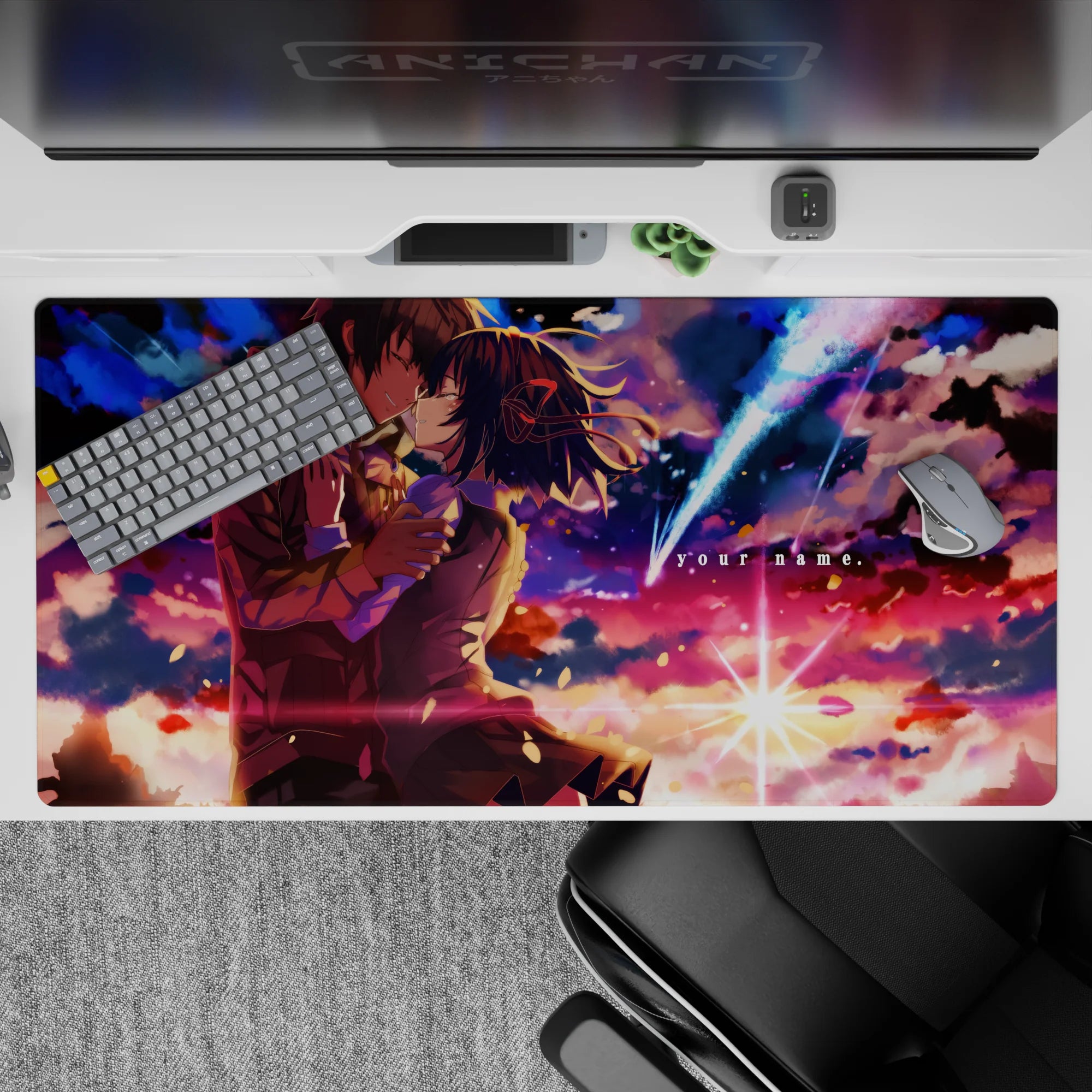 40x20 inches romantic desk pad in violet, coral, and midnight blues with dreamy cinematic glow.