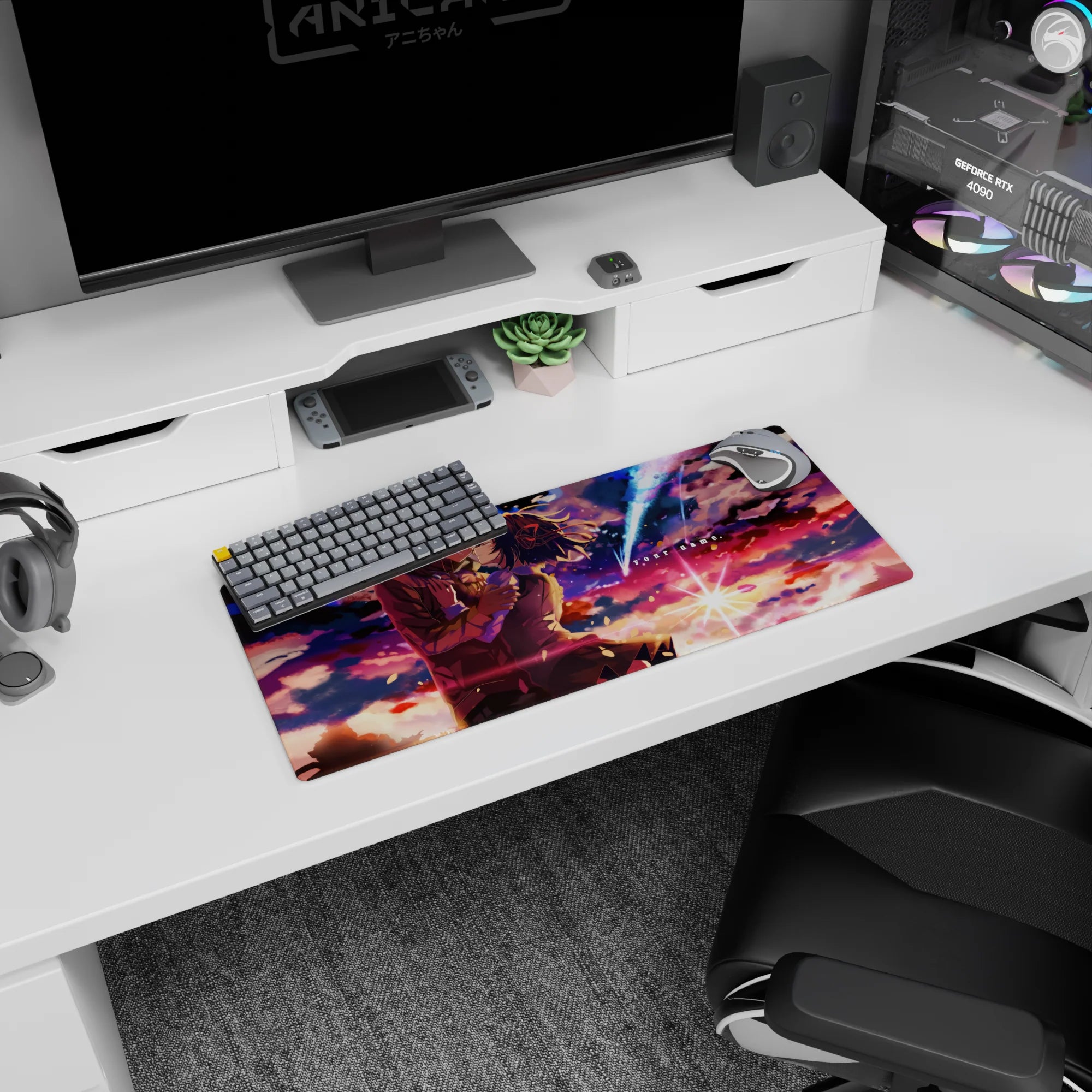 28x12 inches Your Name mouse pad featuring Taki and Mitsuha kissing under a blazing comet and falling petals.