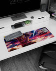 32x12 inches Your Name mouse pad with Taki and Mitsuha kissing beneath a comet, petals falling in the night sky.
