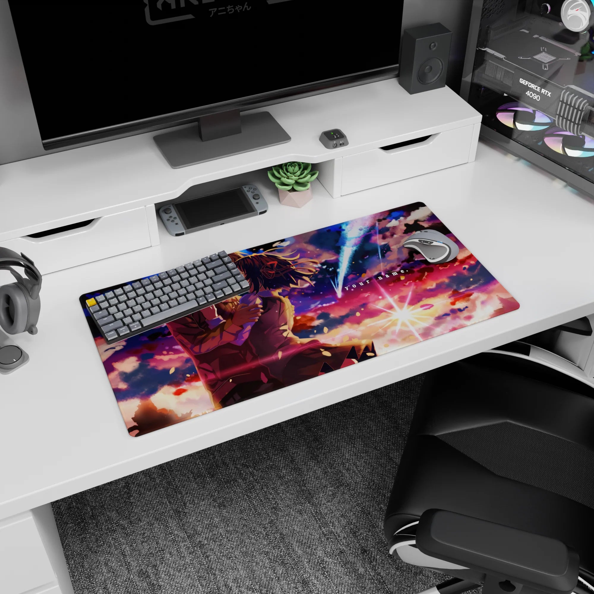 32x16 inches Your Name mouse pad featuring Taki and Mitsuha kissing beneath a comet in a night sky.