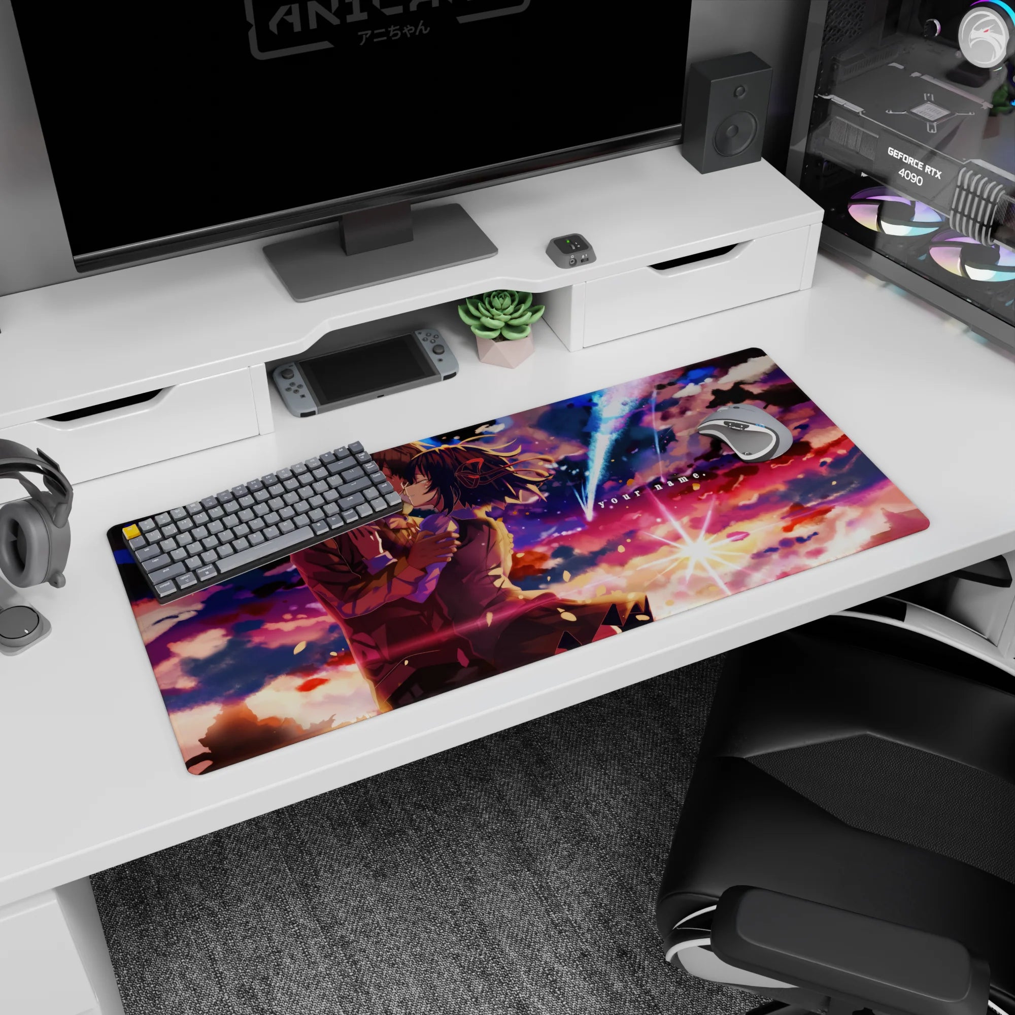 36x16 inches Your Name desk pad showing Taki and Mitsuha kissing under a blazing comet with petals.