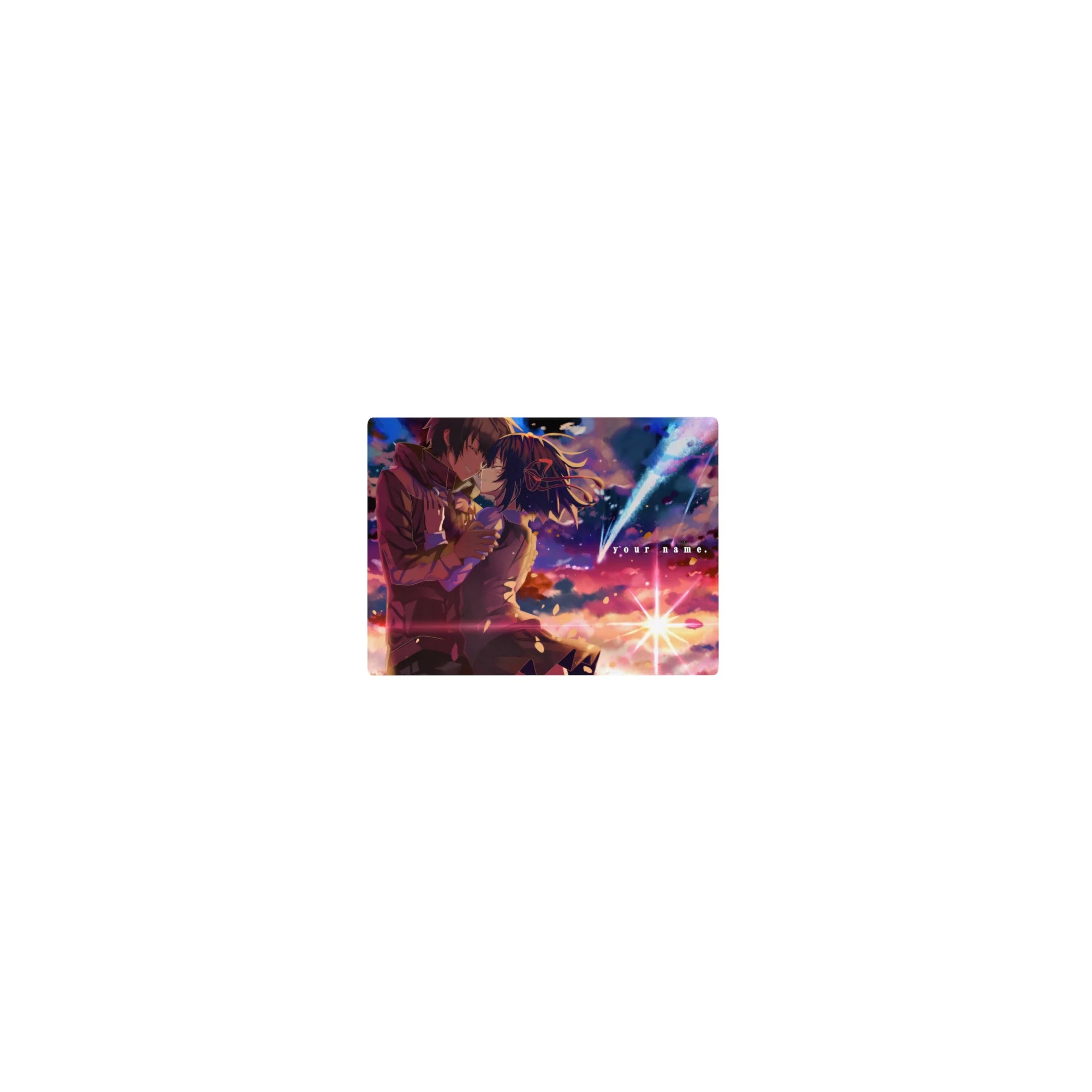 Classic anime mouse pad 14x10 inches featuring a comet-lit kiss scene with drifting petals and school uniforms.