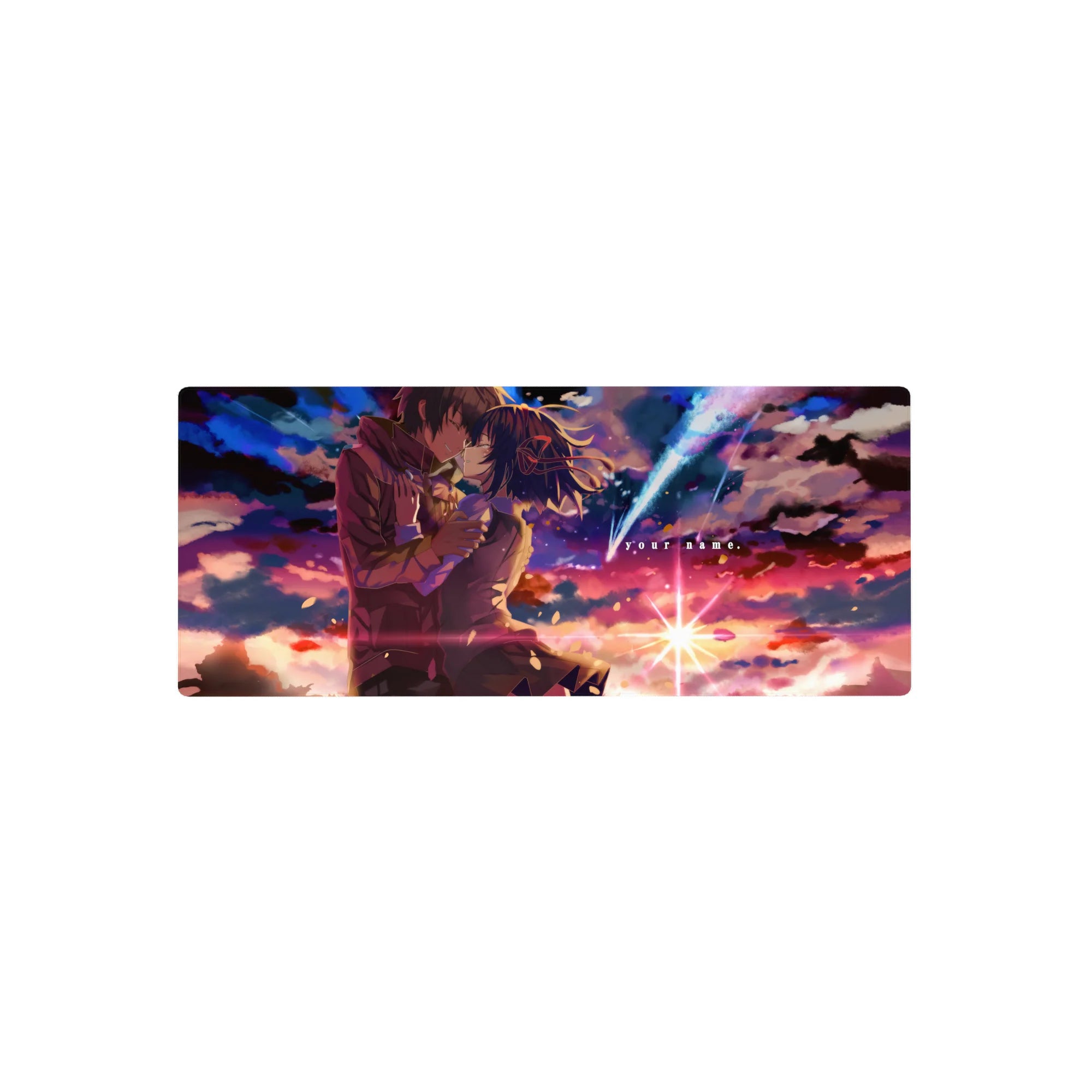 28x12 inches anime mouse pad with comet-lit kiss scene, drifting petals, and crisp school uniform details.