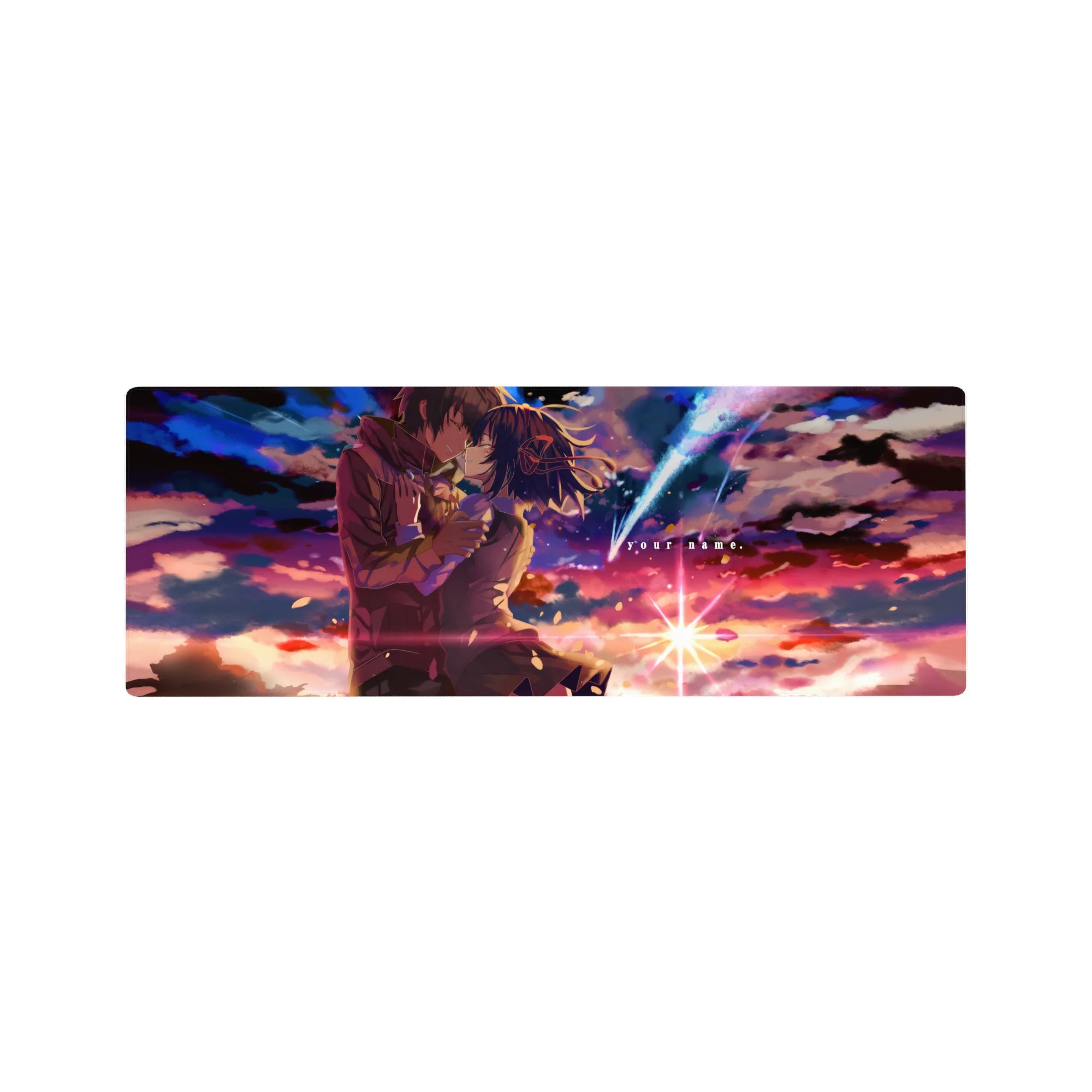32x12 inches anime mouse pad featuring a romantic kiss under a blazing comet, drifting petals, school uniforms.