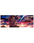 32x12 inches anime mouse pad featuring a romantic kiss under a blazing comet, drifting petals, school uniforms.