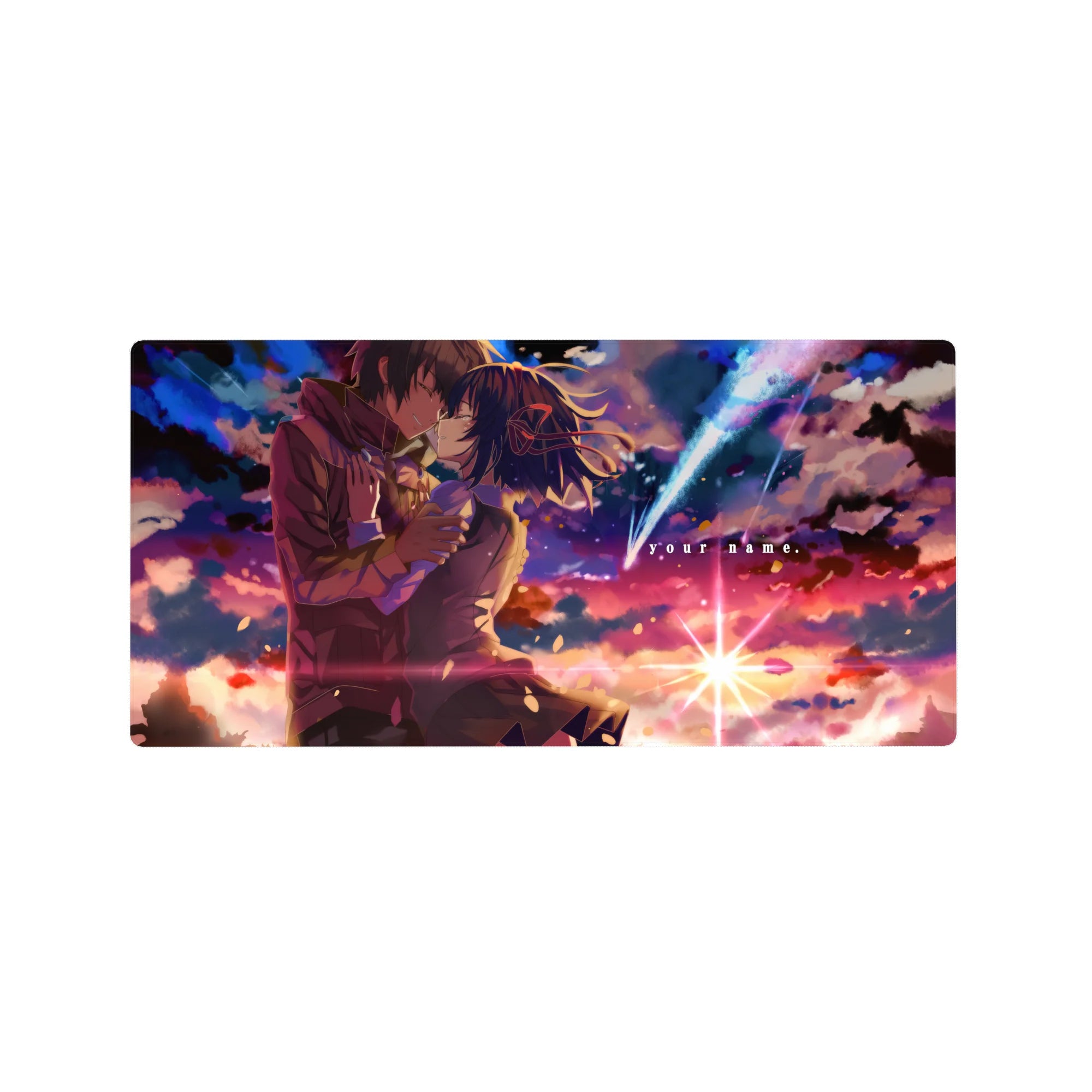 32x16 inches anime mouse pad with kissing couple under a blazing comet, drifting petals, school uniforms.