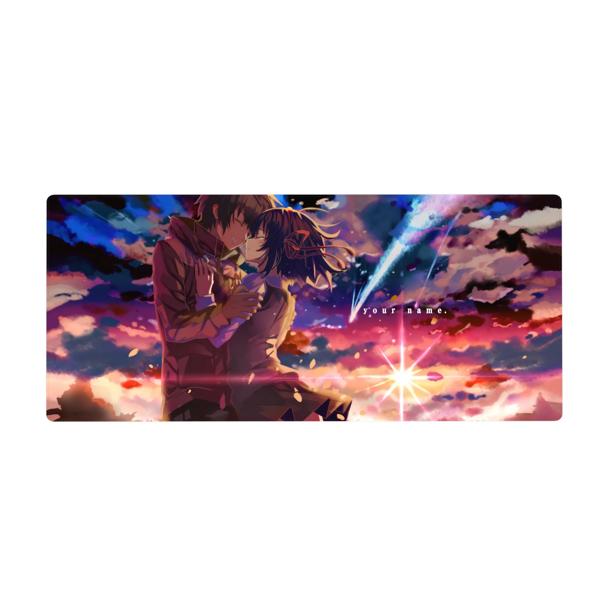 36x16 inches anime desk pad with romantic comet sky, drifting petals, and crisp school-uniform detail.