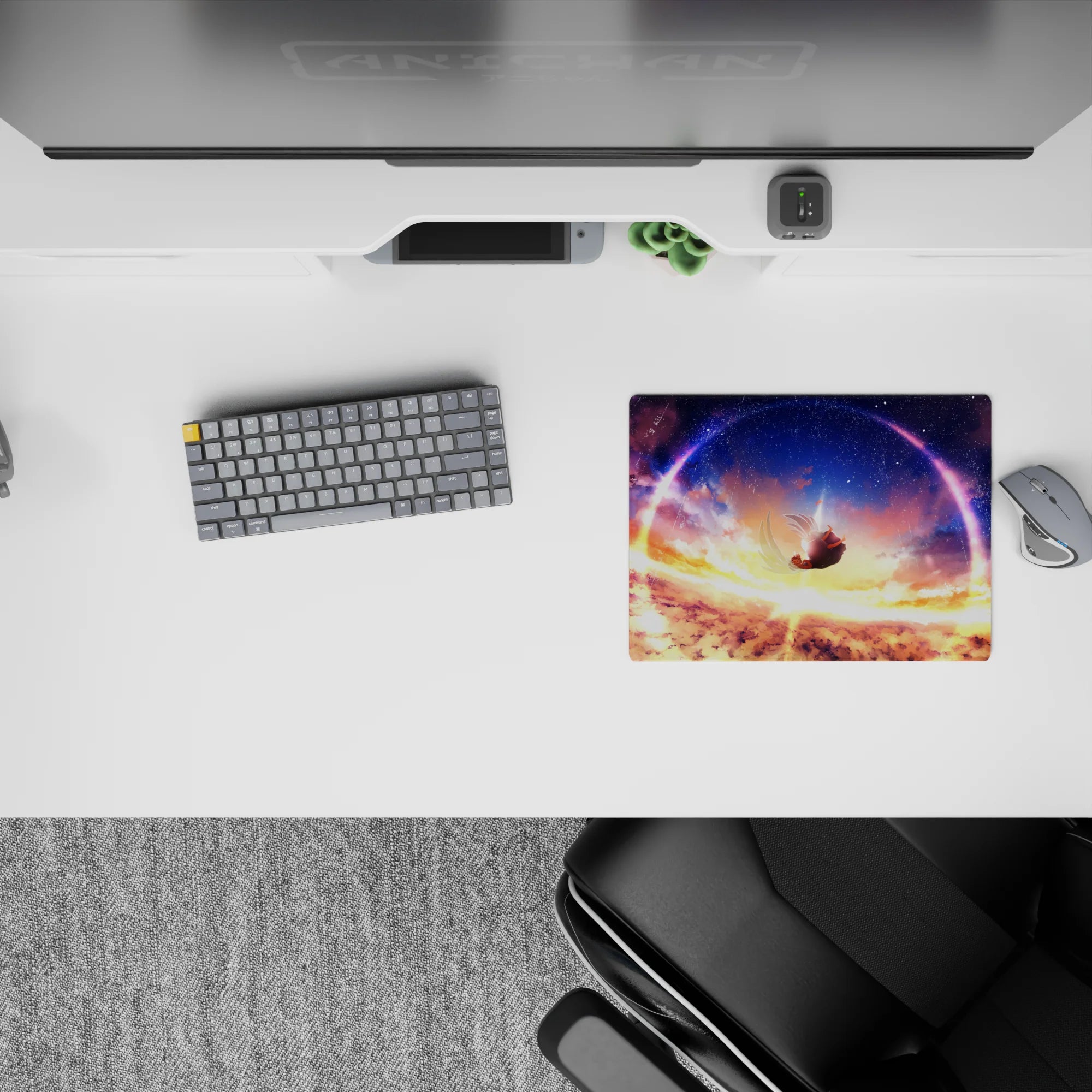 Dreamy sunset gold and deep violet anime mouse pad 14x10 inches with calm, starry wonder vibe.