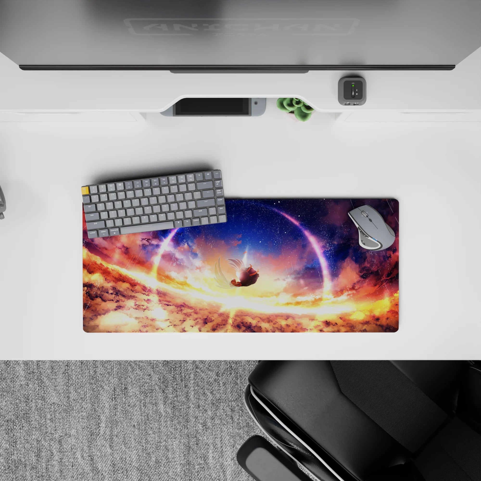 28x12 inches anime desk mouse pad in sunset gold and deep violet, dreamy calm mood with glittering stars.