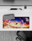 28x12 inches anime desk mouse pad in sunset gold and deep violet, dreamy calm mood with glittering stars.