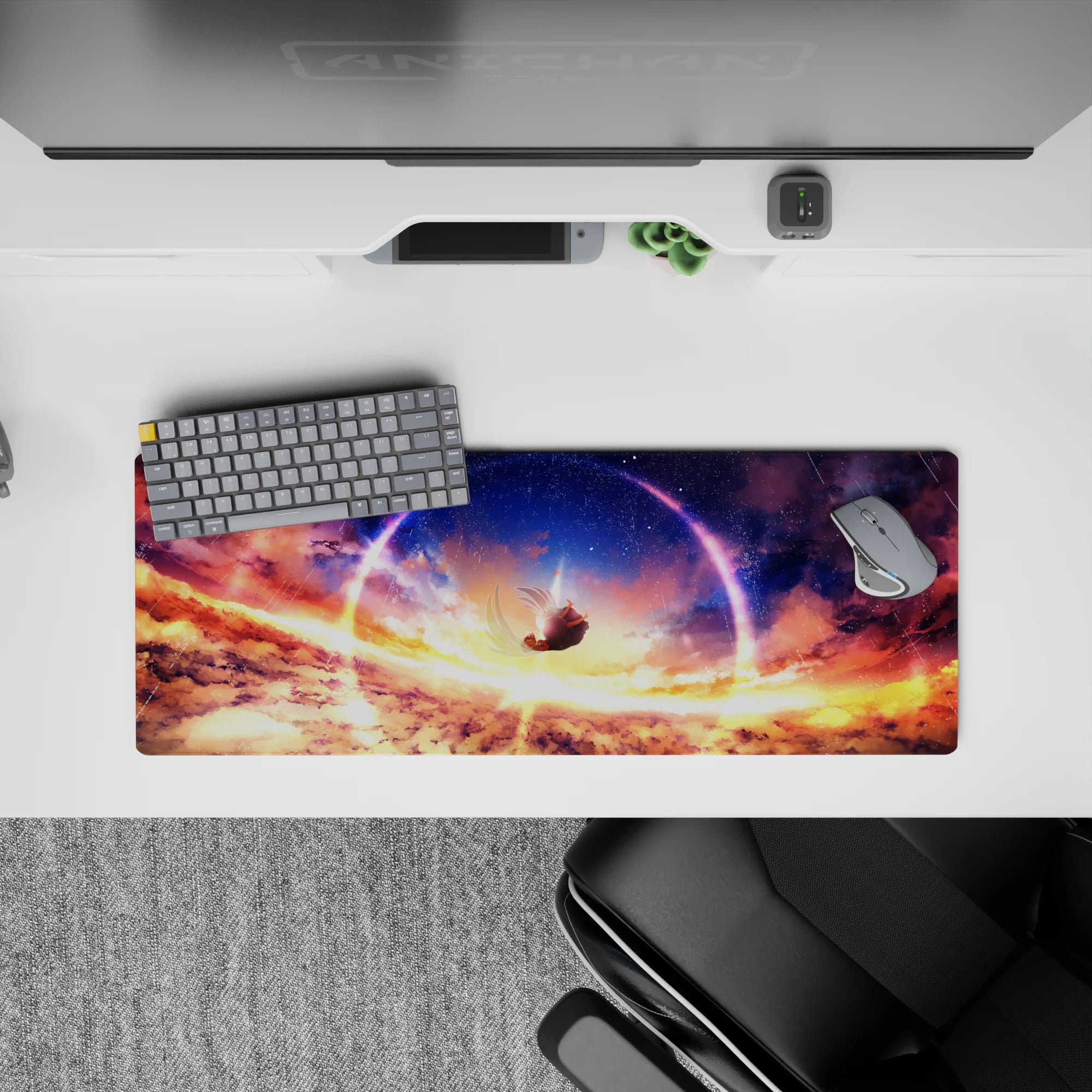 32x12 inches anime desk mouse pad in sunset gold and deep space violet, dreamy calm starry vibe.